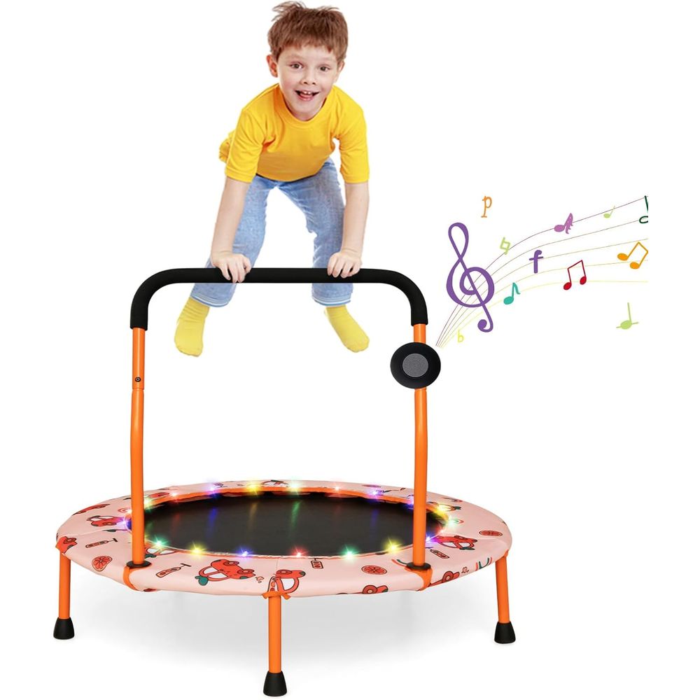 Kids Indoor Outdoor Trampoline - Portable LED Lighted Bluetooth Trampoline for