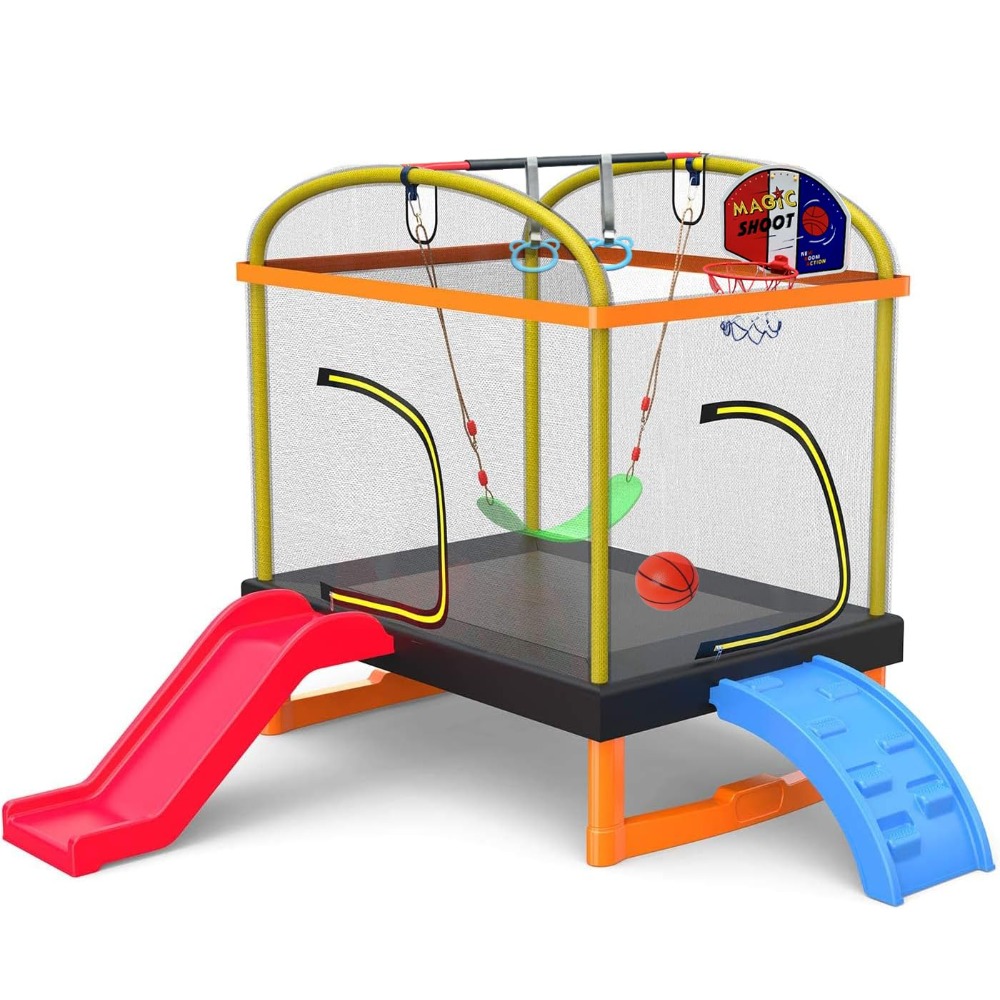 Kids Indoor Outdoor Trampoline - 6.5Ft 7-in-1 Rectangle Trampoline for Kids,