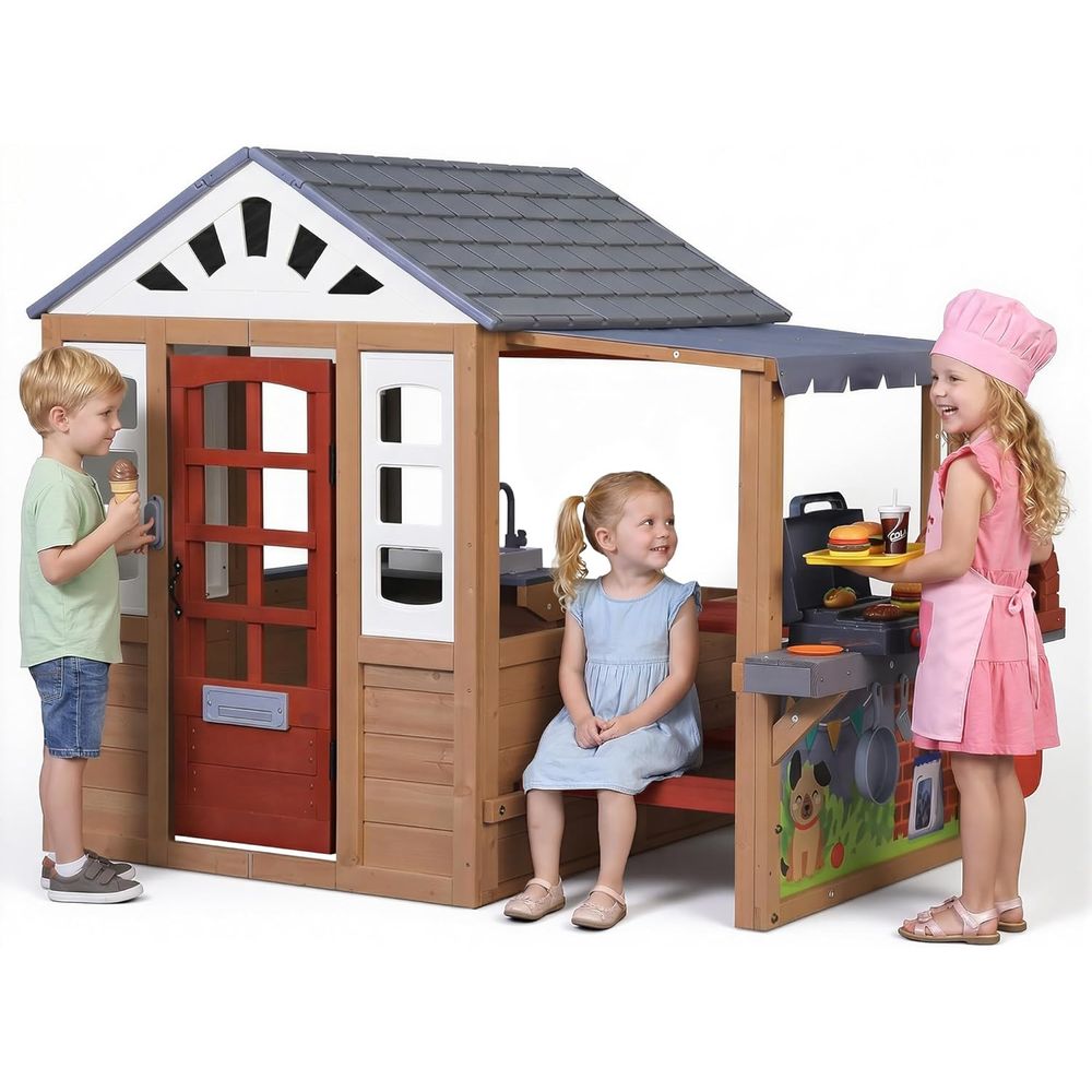 Kids Outdoor Wooden Playhouse, - đánh giá và giá Kids Outdoor Grill Set
