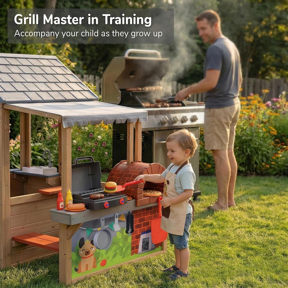 Kids Outdoor Wooden Playhouse, - đánh giá và giá Kids Outdoor Grill Set